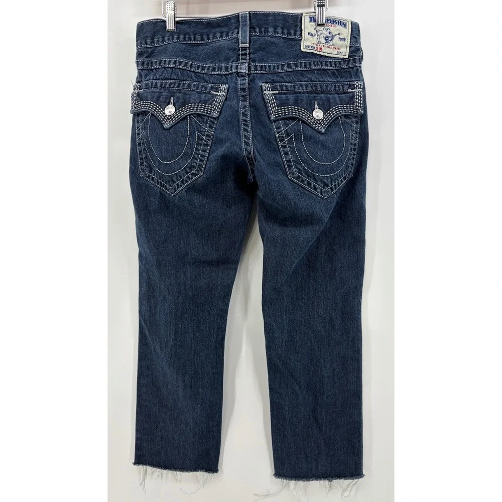 True Religion Slim Fit Straight Leg Jeans Men's 32x27 Blue Flap Pockets Raw Hem